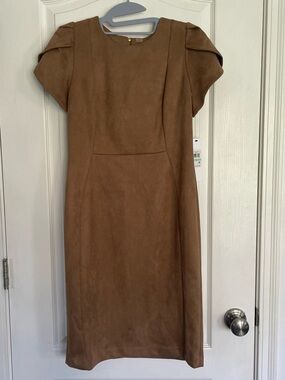 Calvin Klein Tan Midi Sheath Dress with Structured Sleeves